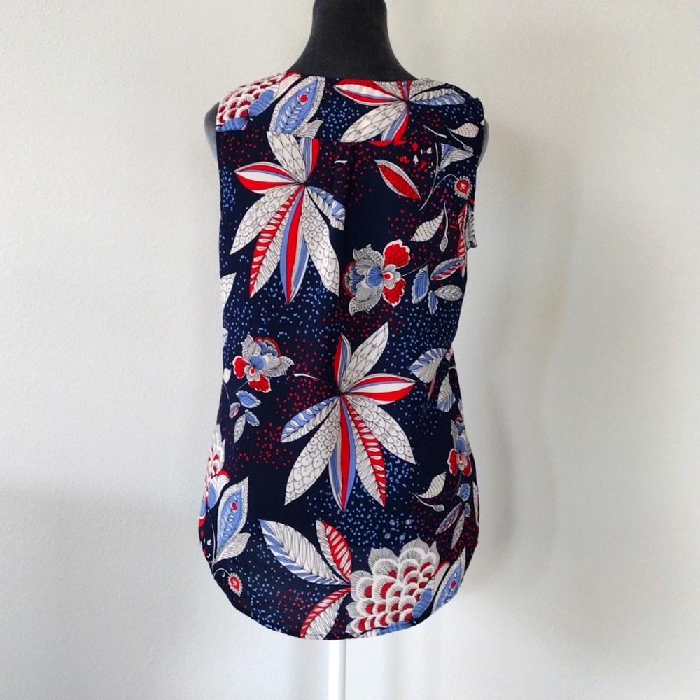 Roz Ali Floral Tank Top Zip V Neck Sleeveless Blouse Red White Blue Medium - Picture 9 of 9
